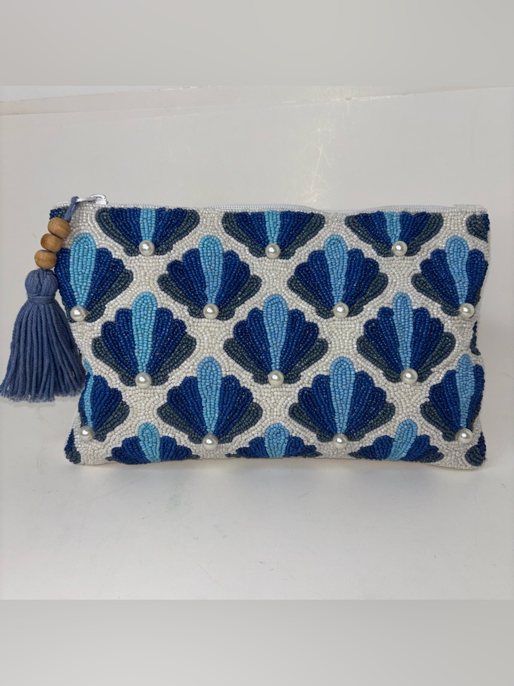 INDIA HANDMADE Shells Blue White Glass Beads Tassel Zipper Clutch Pouch Wallet